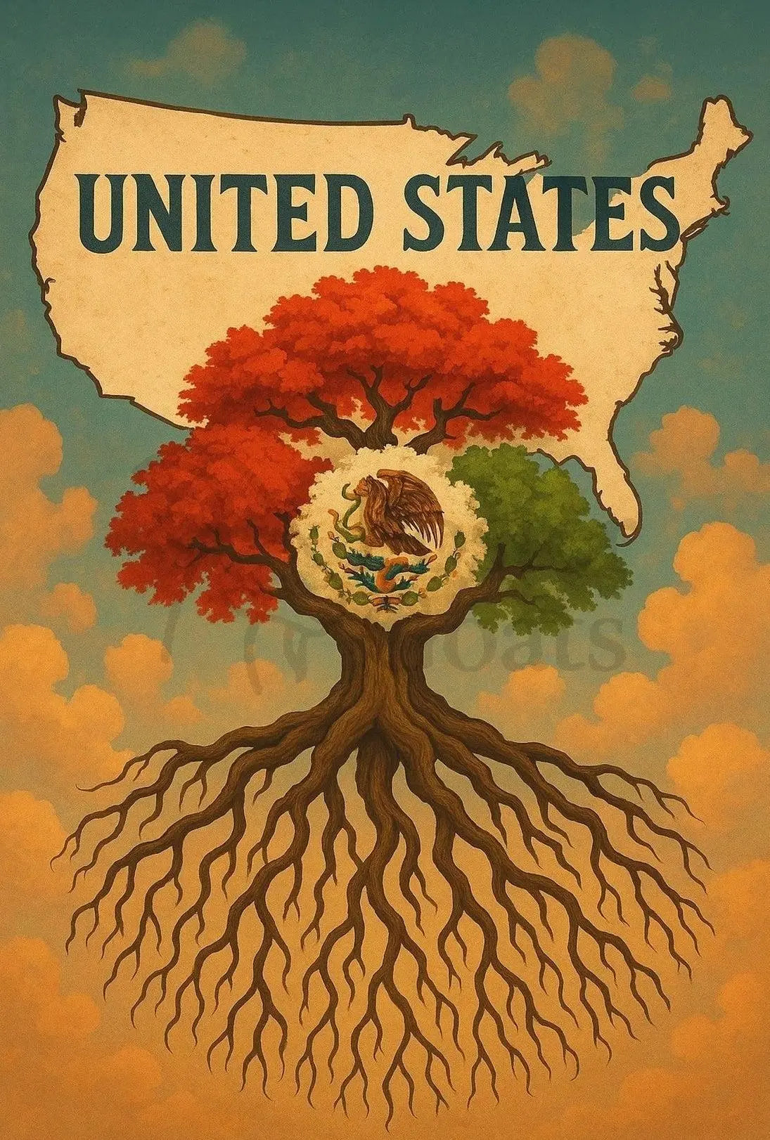 Stylized United States and Mexico Cultural Poster PosterGoat