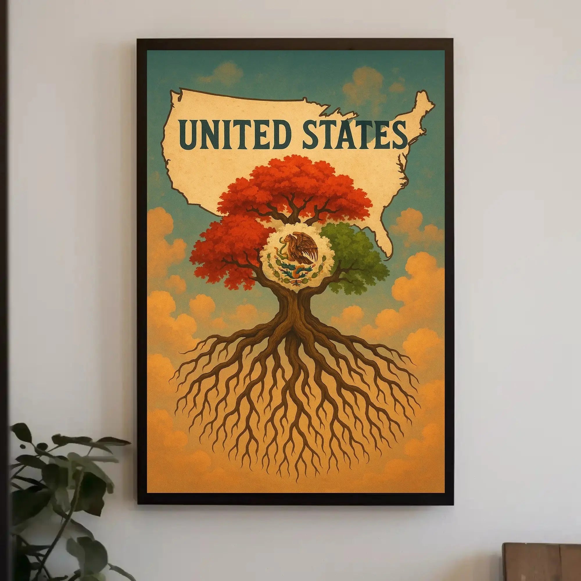 Stylized United States and Mexico Cultural Poster PosterGoat