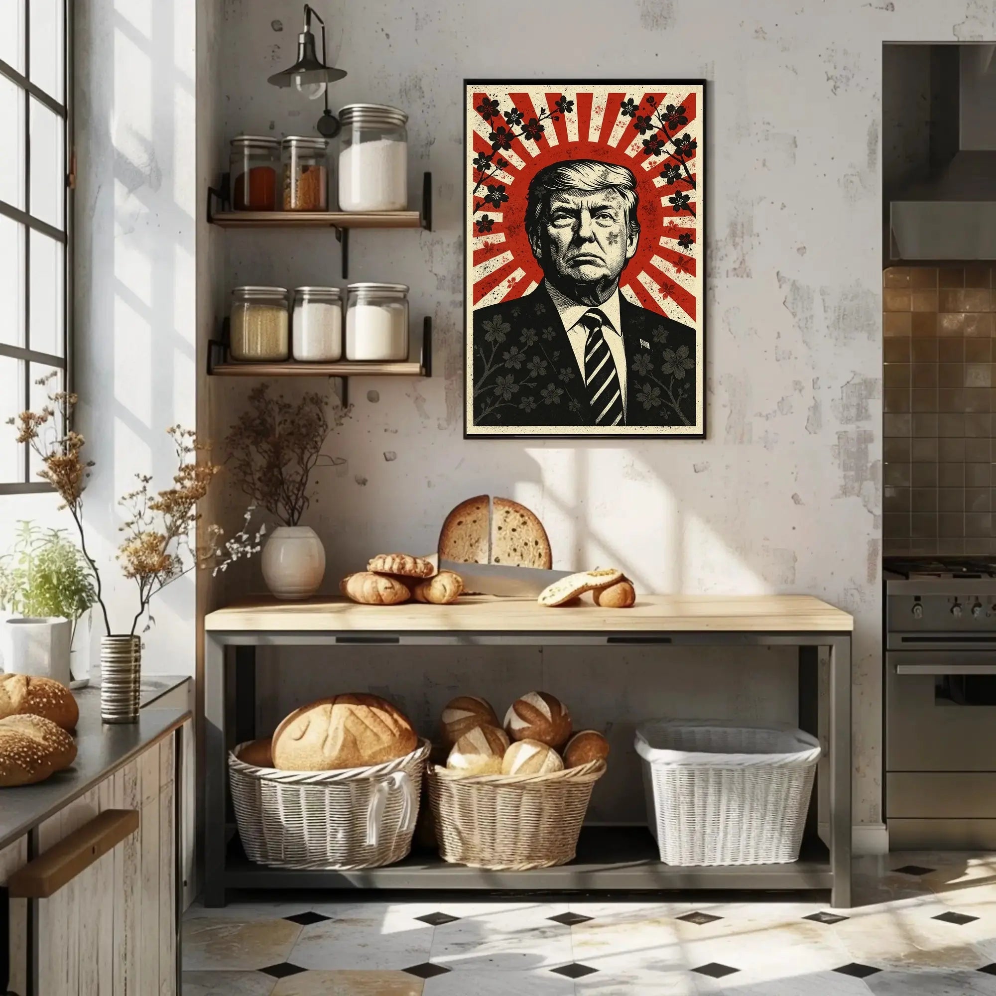 Stylized Vintage Portrait with Red Sunburst Political or Propaganda Poster PosterGoat