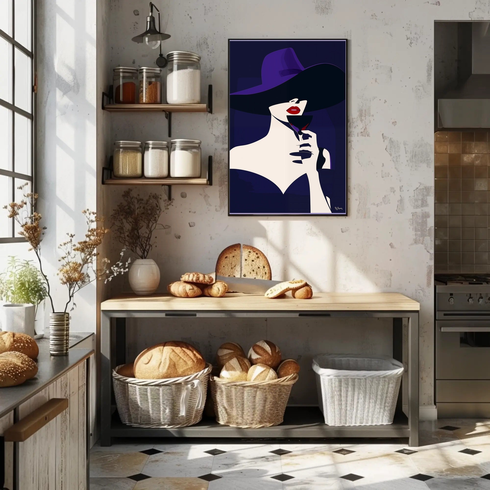 Stylized Woman with Red Lips Artistic Poster PosterGoat