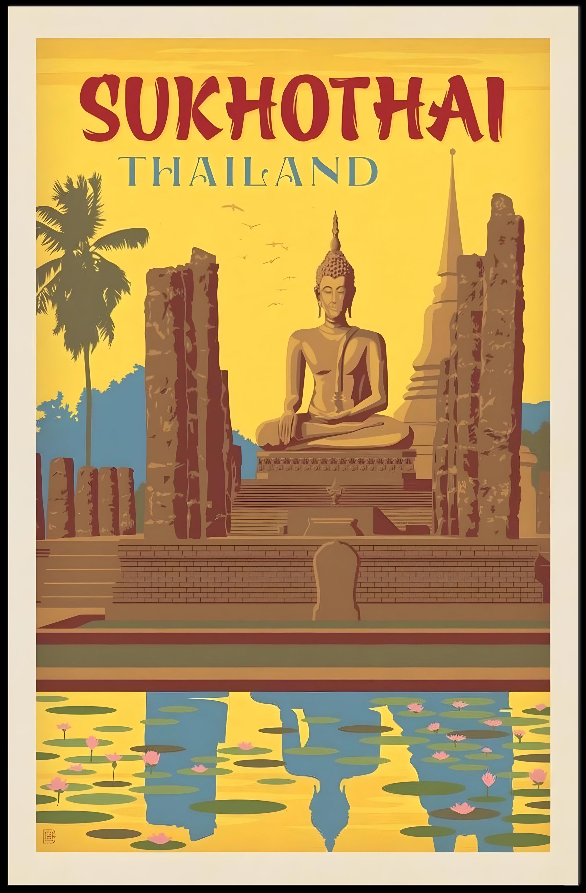 Sukhothai Buddha in Vintage Style Travel Poster PosterGoat