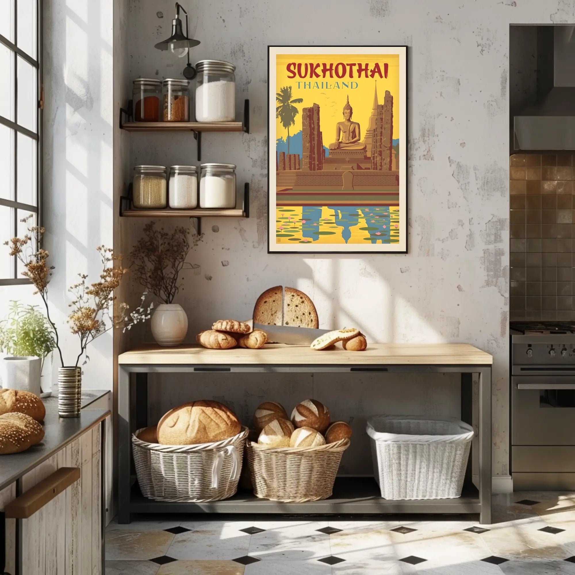 Sukhothai Buddha in Vintage Style Travel Poster PosterGoat