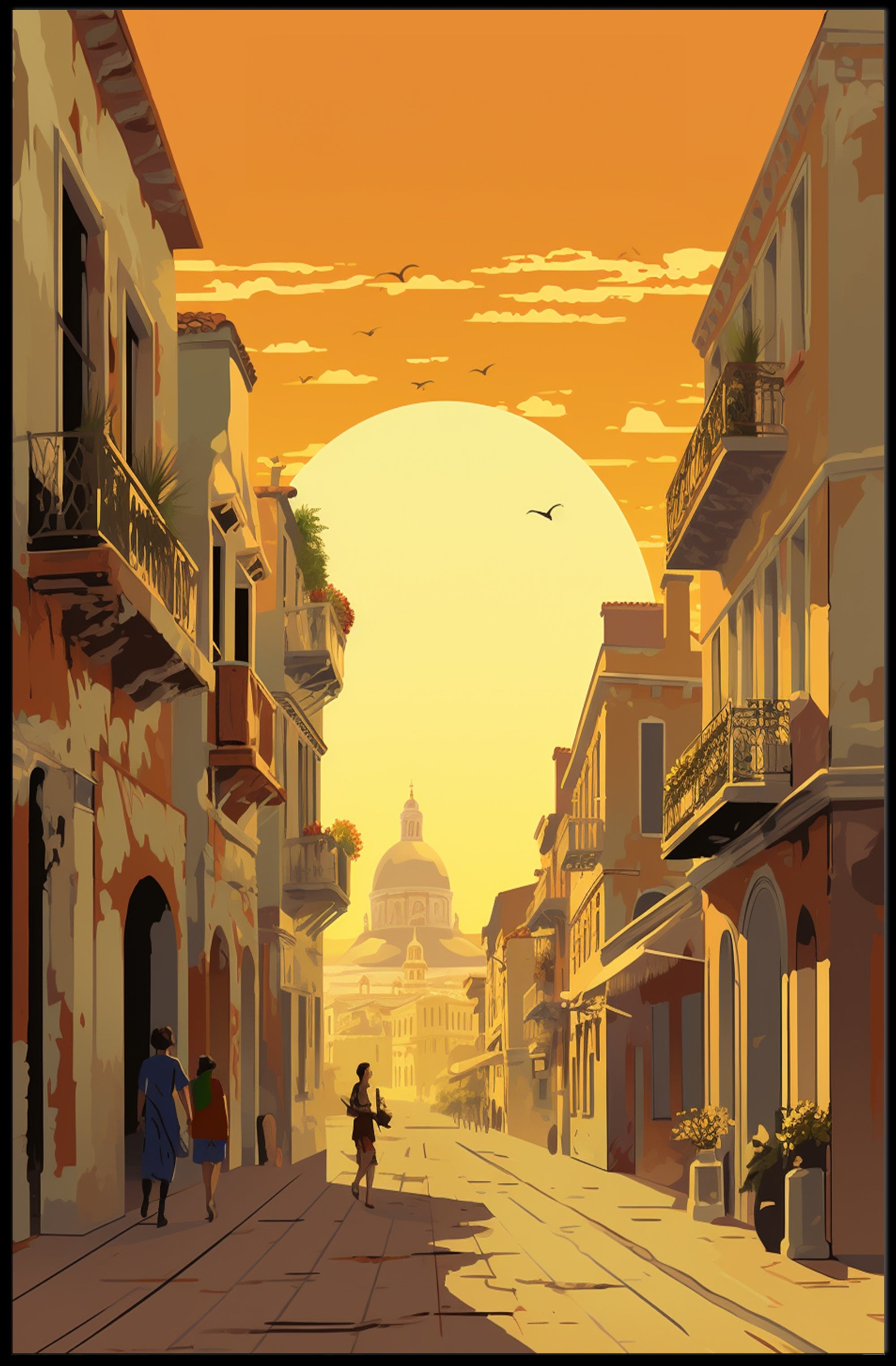 Sunlit European Street Scene Travel Poster PosterGoat