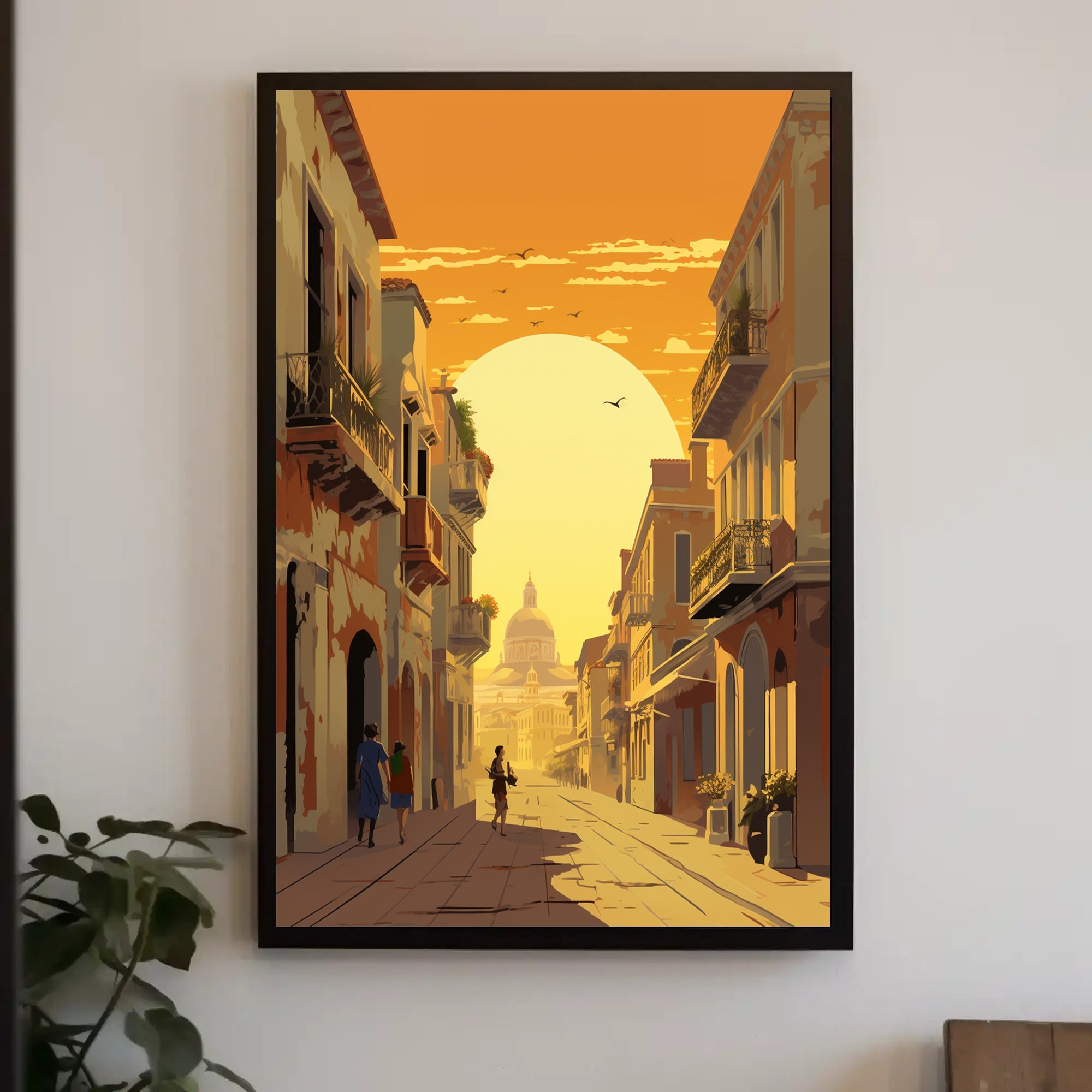 Sunlit European Street Scene Travel Poster PosterGoat