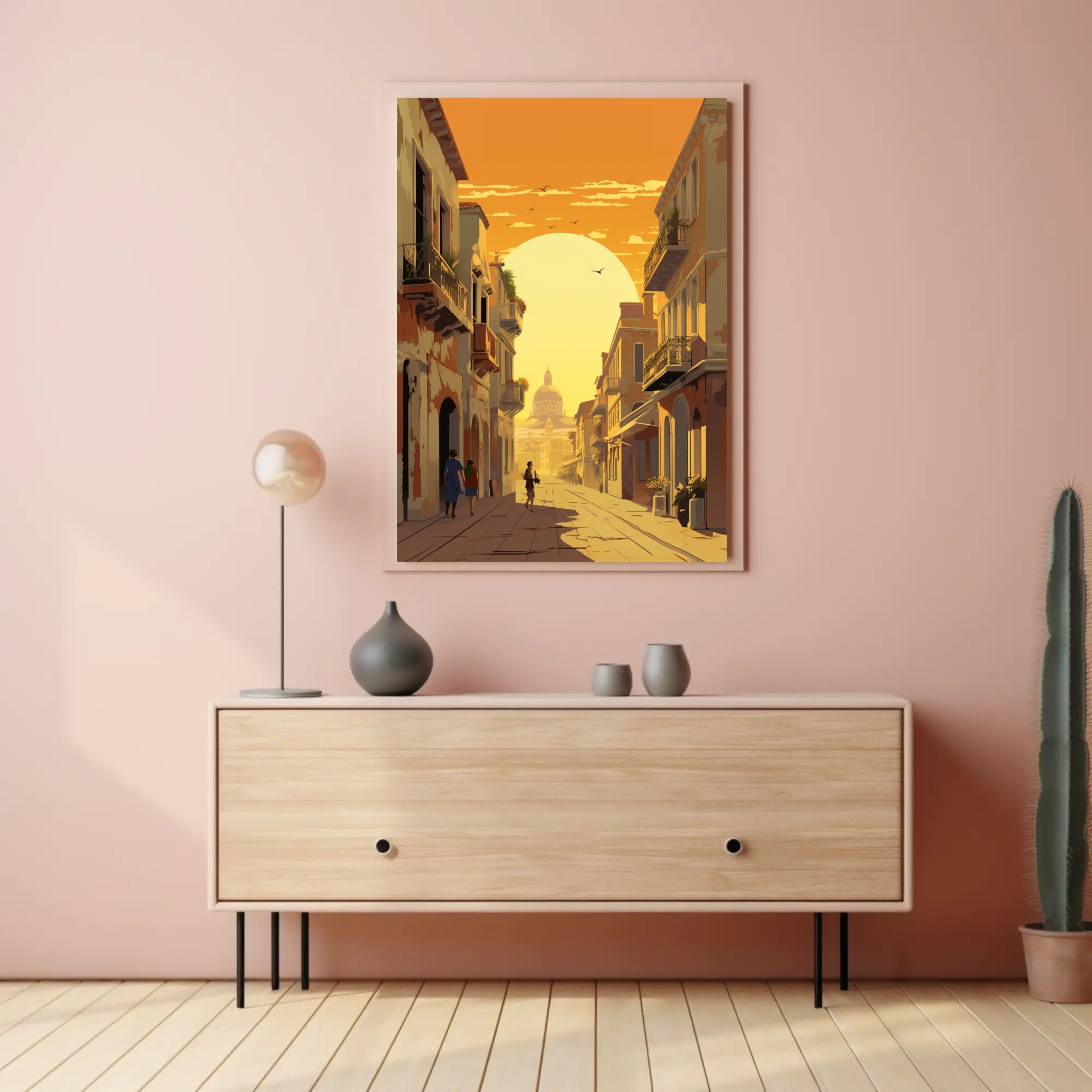 Sunlit European Street Scene Travel Poster PosterGoat