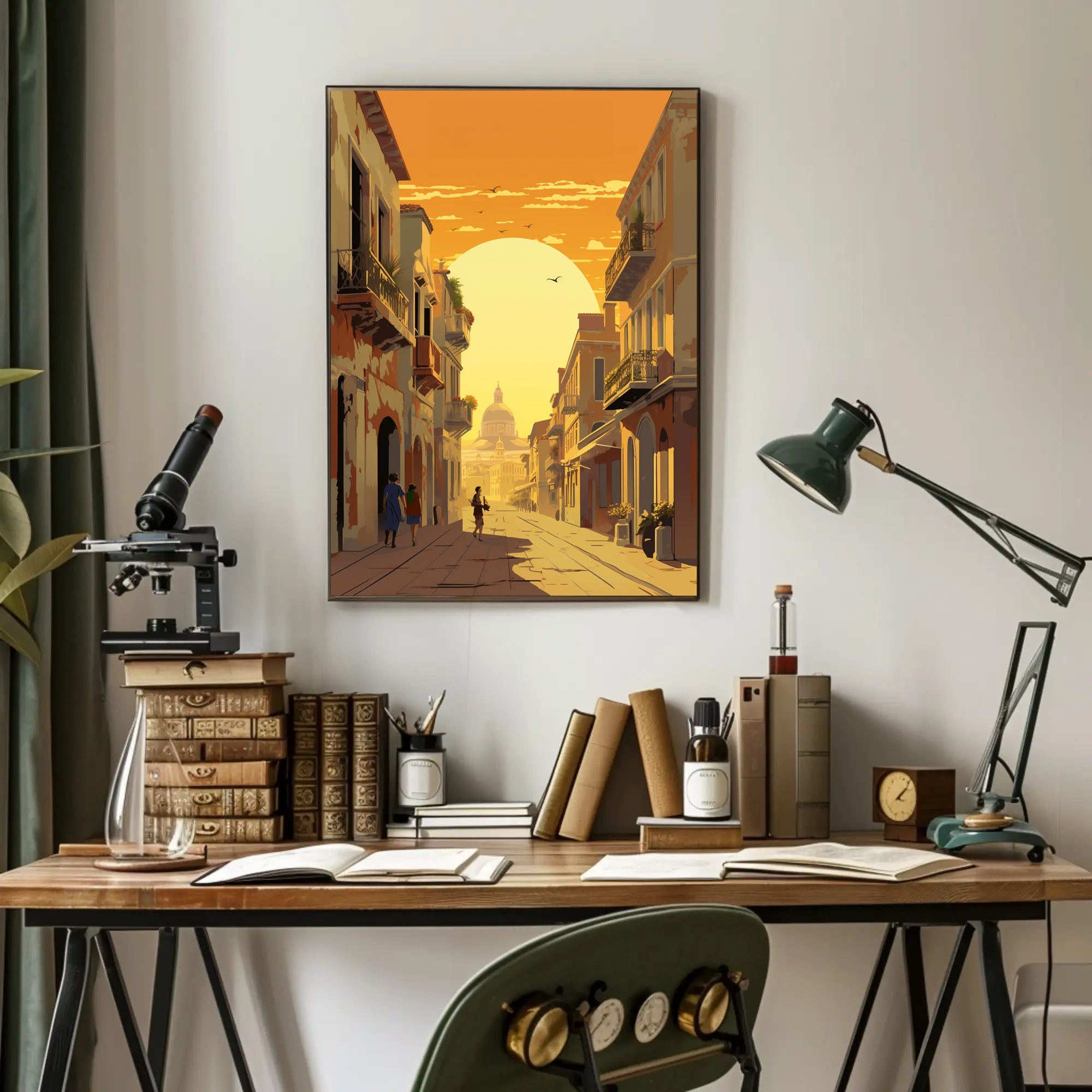 Sunlit European Street Scene Travel Poster PosterGoat