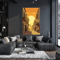 Sunlit European Street Scene Travel Poster PosterGoat