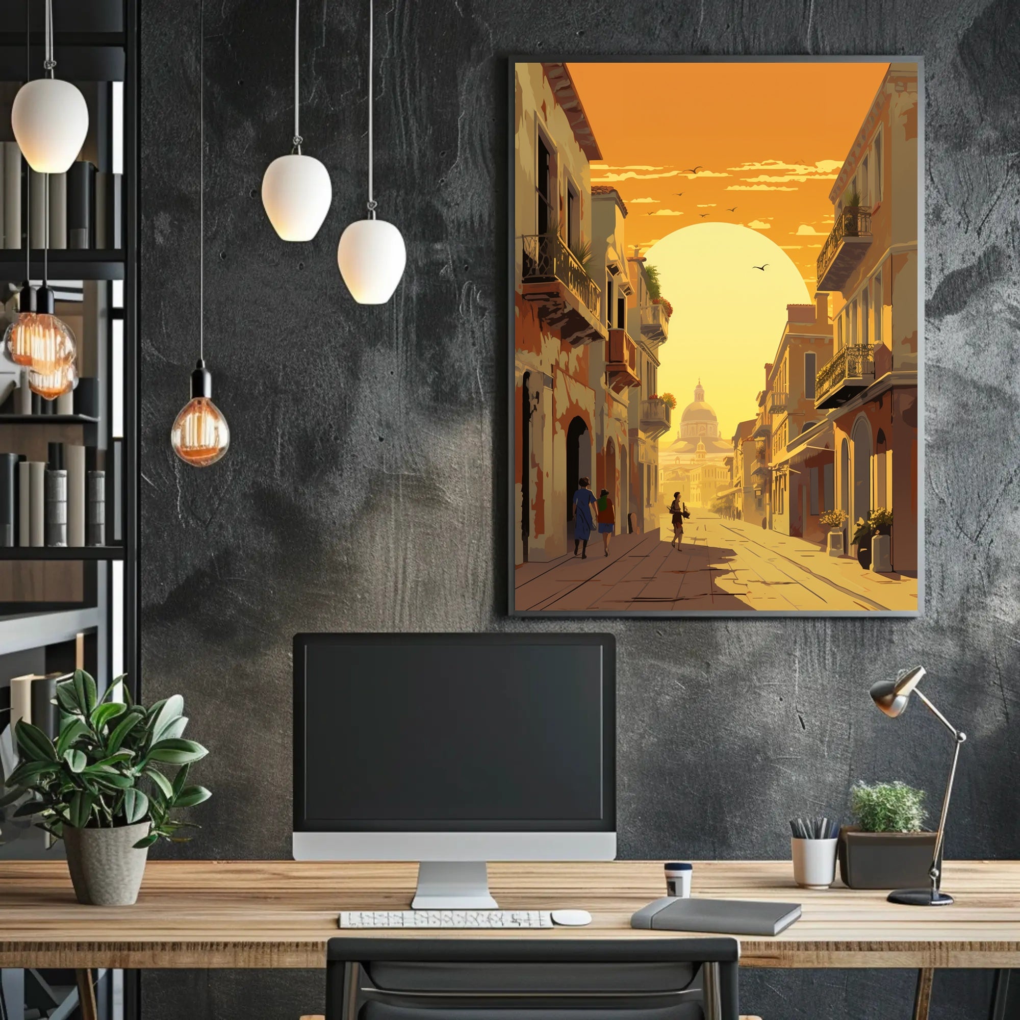 Sunlit European Street Scene Travel Poster PosterGoat