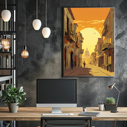 Sunlit European Street Scene Travel Poster PosterGoat