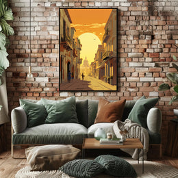 Sunlit European Street Scene Travel Poster PosterGoat