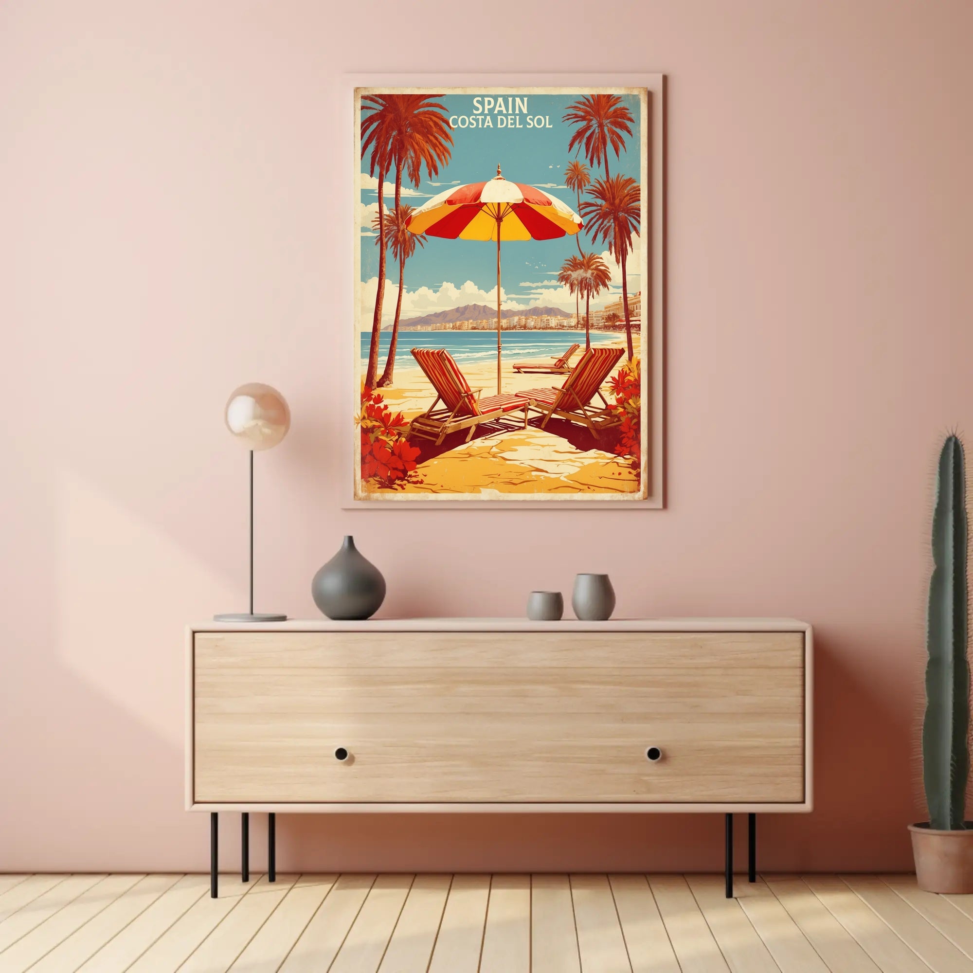 Sunny Beach Scene Poster in Travel Poster PosterGoat