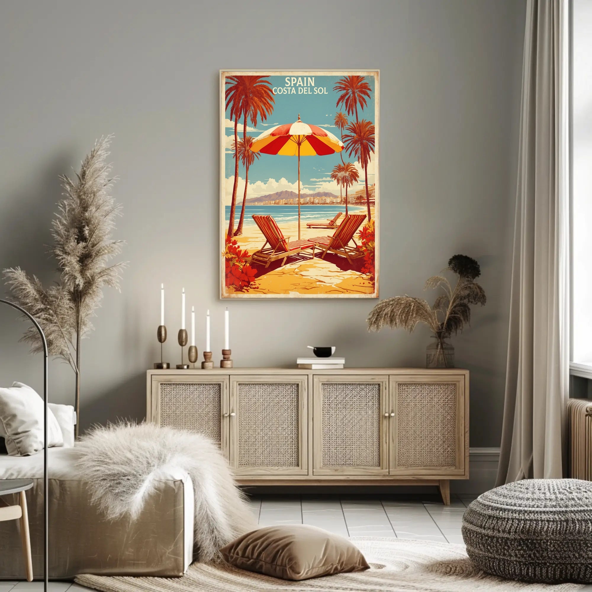 Sunny Beach Scene Poster in Travel Poster PosterGoat