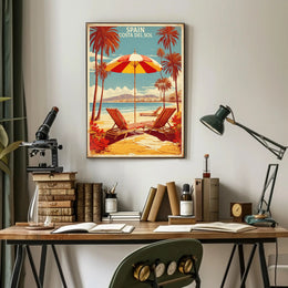 Sunny Beach Scene Poster in Travel Poster PosterGoat