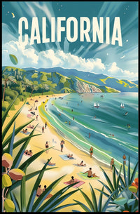 Sunny California Beach Scene Travel Poster PosterGoat