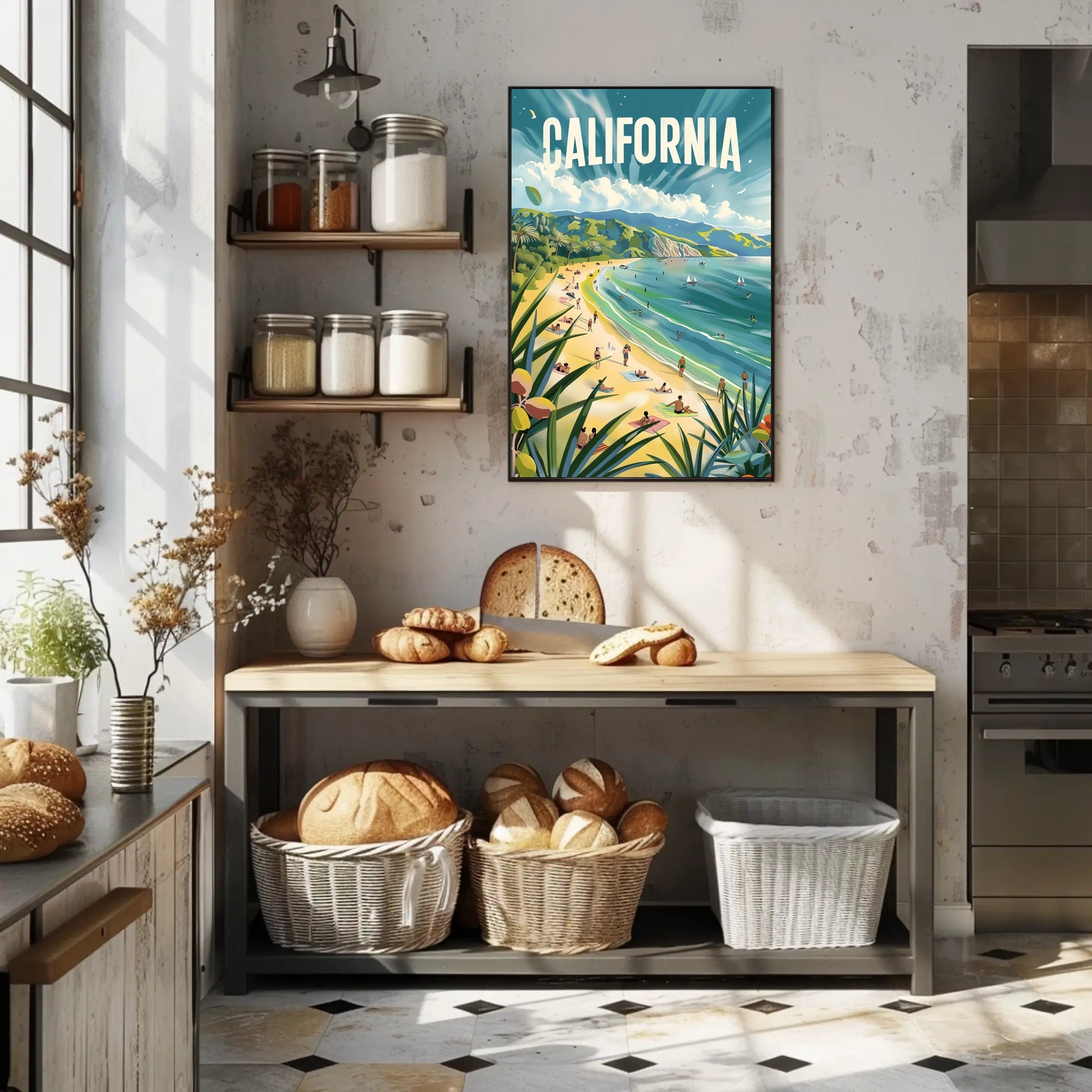 Sunny California Beach Scene Travel Poster PosterGoat
