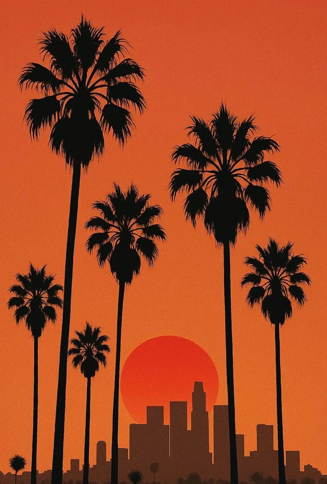 Sunset Cityscape with Palm Trees Retro Travel Poster PosterGoat
