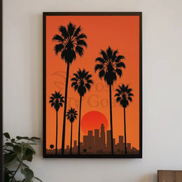 Sunset Cityscape with Palm Trees Retro Travel Poster PosterGoat