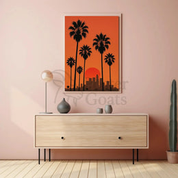 Sunset Cityscape with Palm Trees Retro Travel Poster PosterGoat