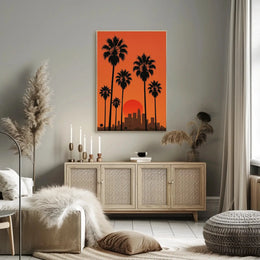 Sunset Cityscape with Palm Trees Retro Travel Poster PosterGoat