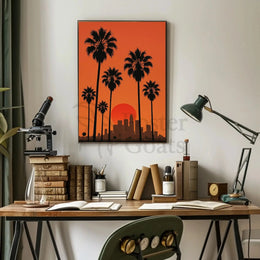 Sunset Cityscape with Palm Trees Retro Travel Poster PosterGoat