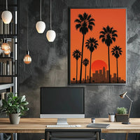 Sunset Cityscape with Palm Trees Retro Travel Poster PosterGoat