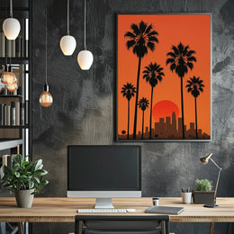 Sunset Cityscape with Palm Trees Retro Travel Poster PosterGoat