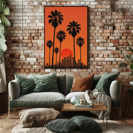 Sunset Cityscape with Palm Trees Retro Travel Poster PosterGoat
