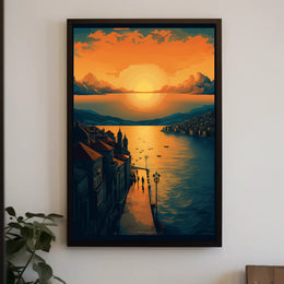 Sunset Serenity Over a Picturesque Coastal Town Travel Poster PosterGoat