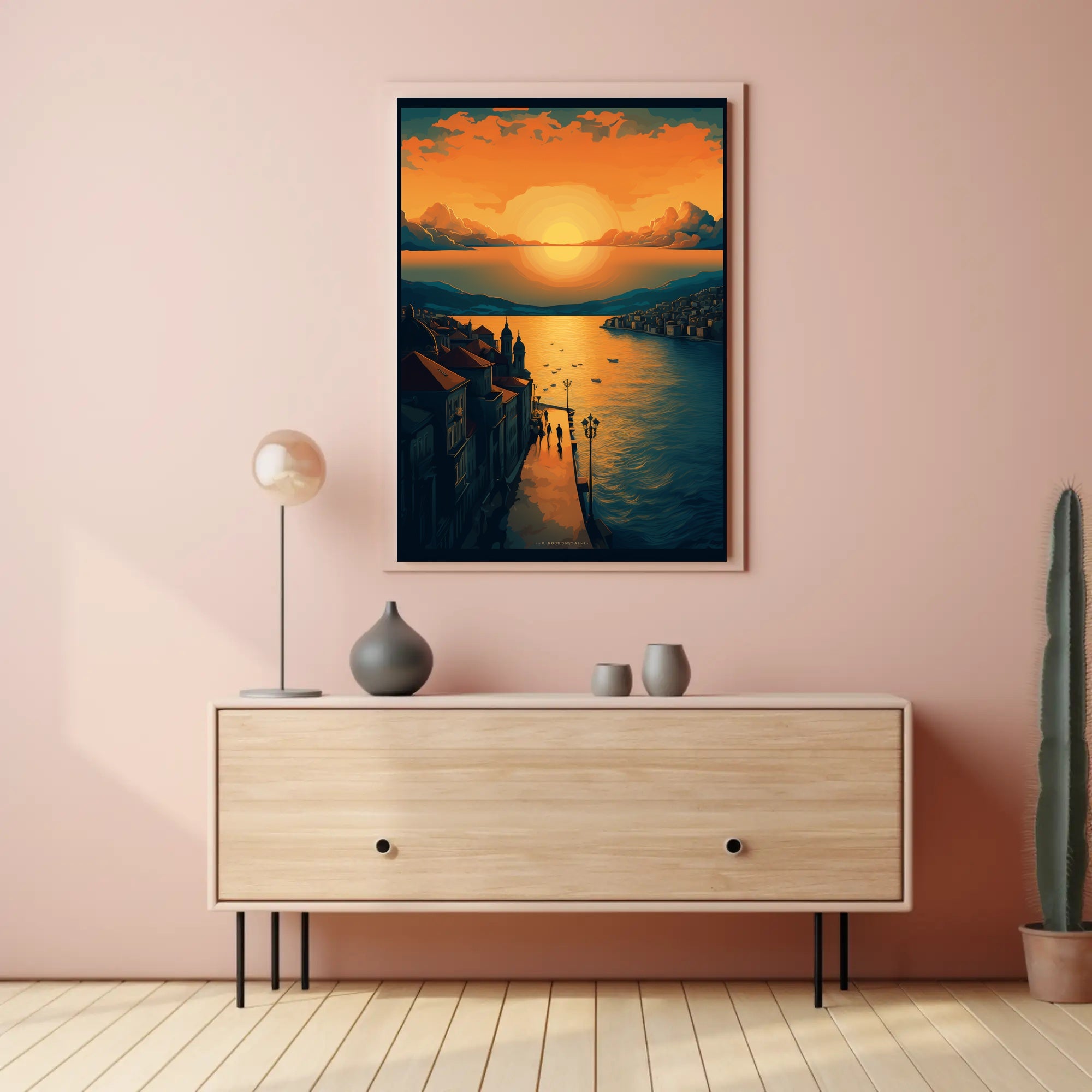 Sunset Serenity Over a Picturesque Coastal Town Travel Poster PosterGoat