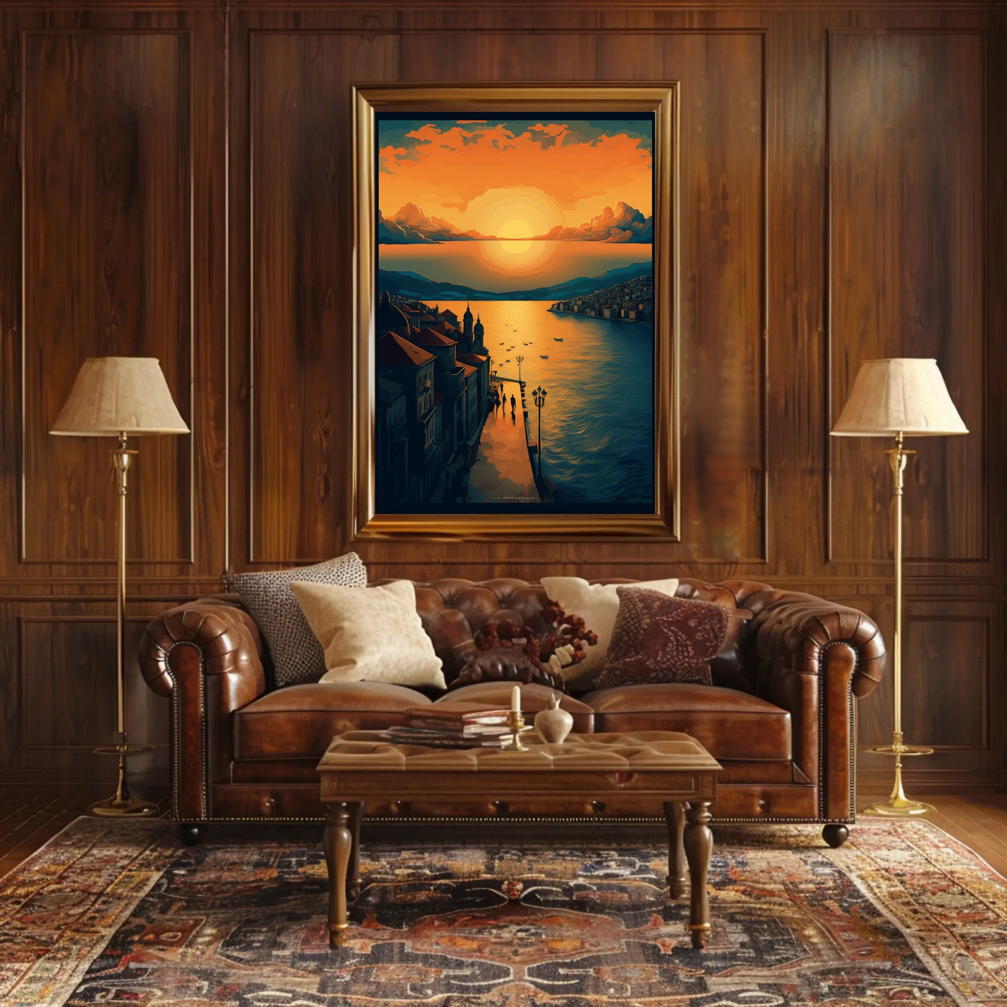 Sunset Serenity Over a Picturesque Coastal Town Travel Poster PosterGoat