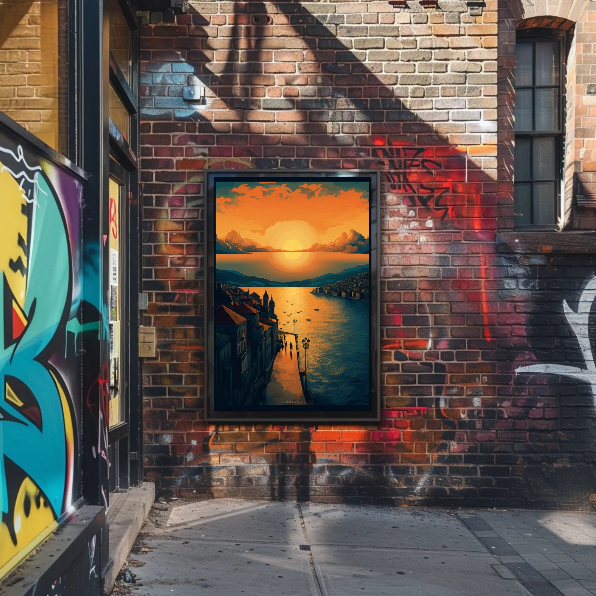 Sunset Serenity Over a Picturesque Coastal Town Travel Poster PosterGoat