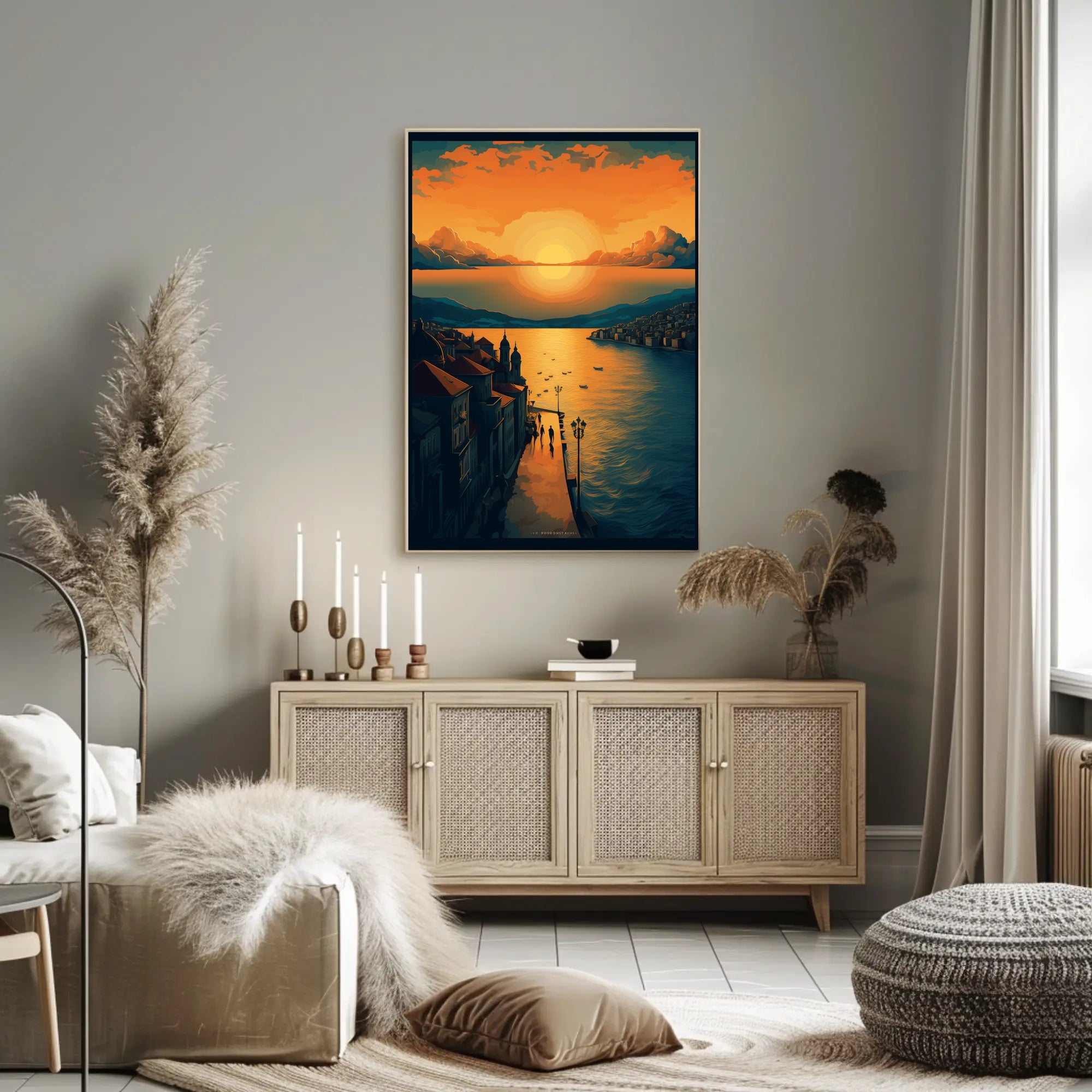 Sunset Serenity Over a Picturesque Coastal Town Travel Poster PosterGoat