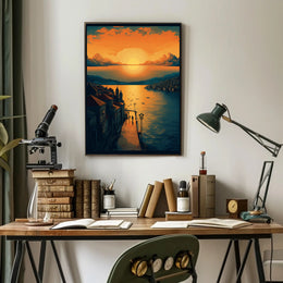 Sunset Serenity Over a Picturesque Coastal Town Travel Poster PosterGoat