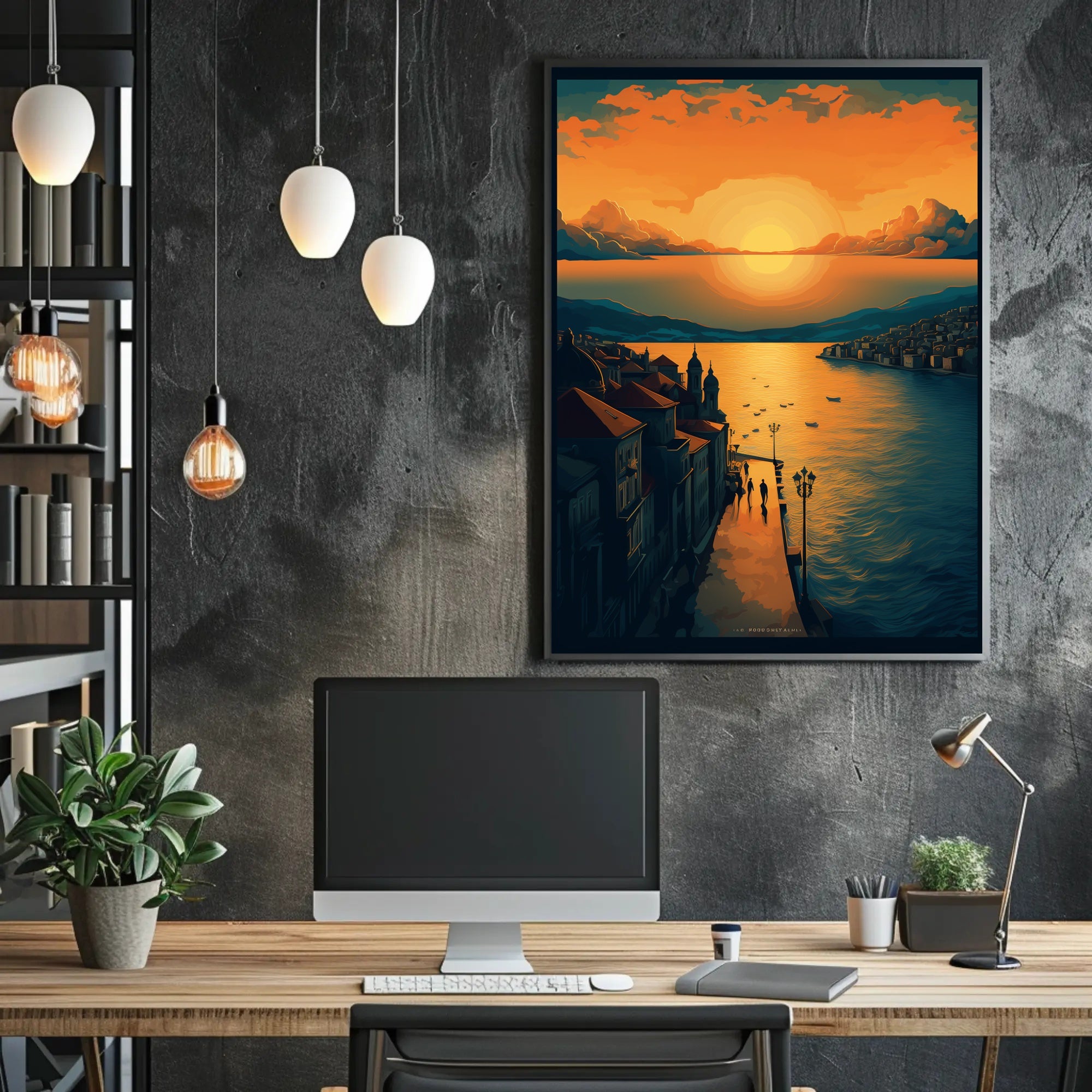 Sunset Serenity Over a Picturesque Coastal Town Travel Poster PosterGoat