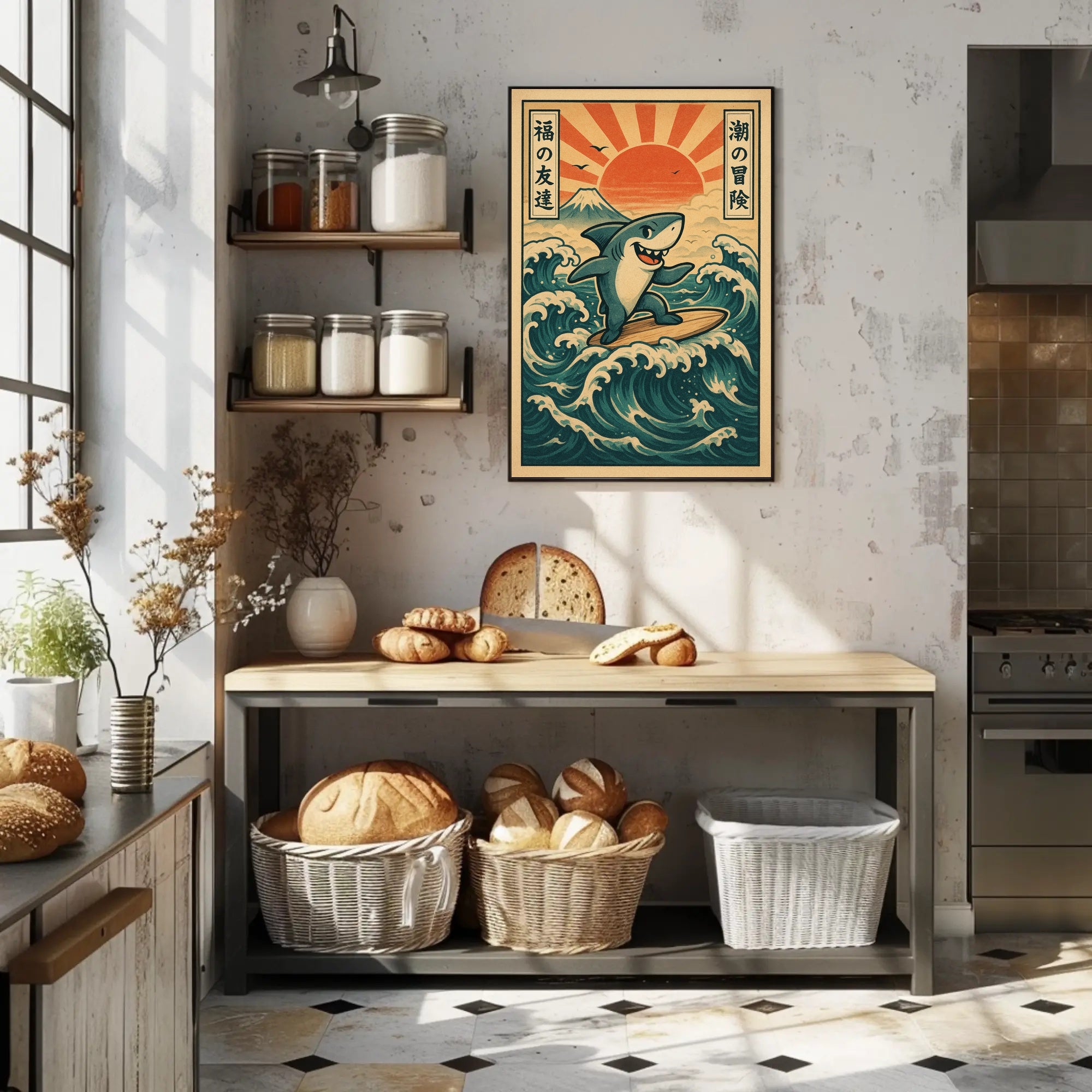 Surfing Shark Adventure Poster PosterGoat