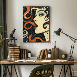 Surreal Face and Serpent Abstract Art Poster PosterGoat