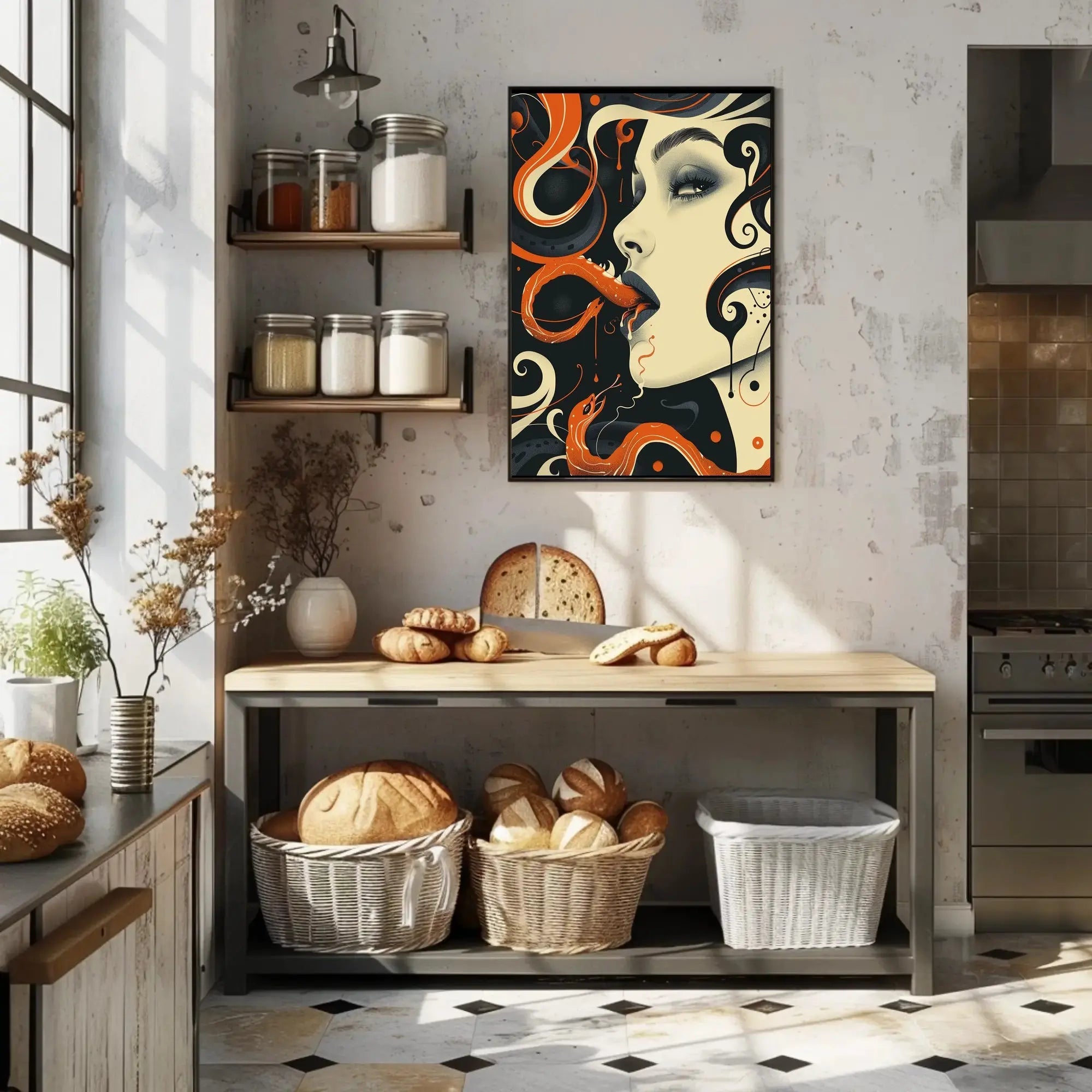 Surreal Face and Serpent Abstract Art Poster PosterGoat