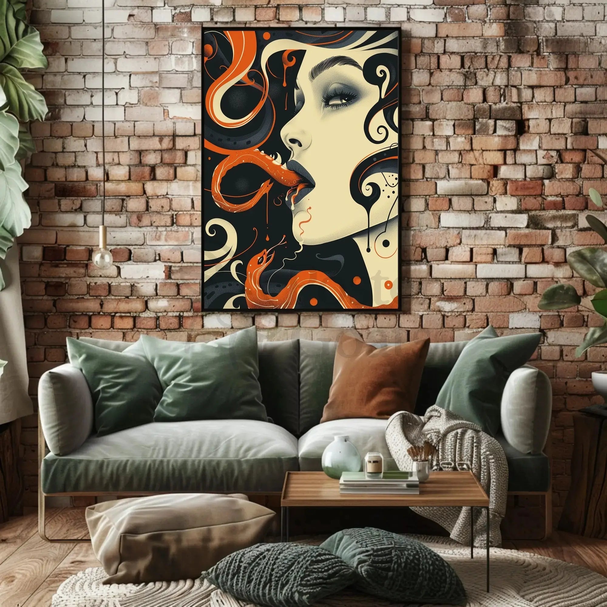 Surreal Face and Serpent Abstract Art Poster PosterGoat