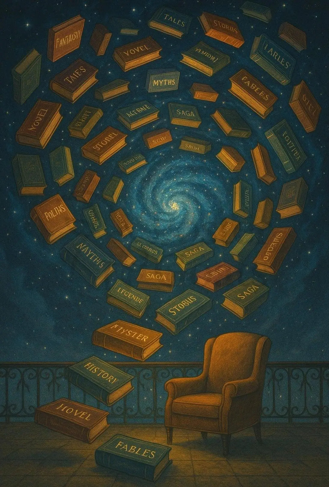Surreal Galaxy of Books Artistic Poster PosterGoat