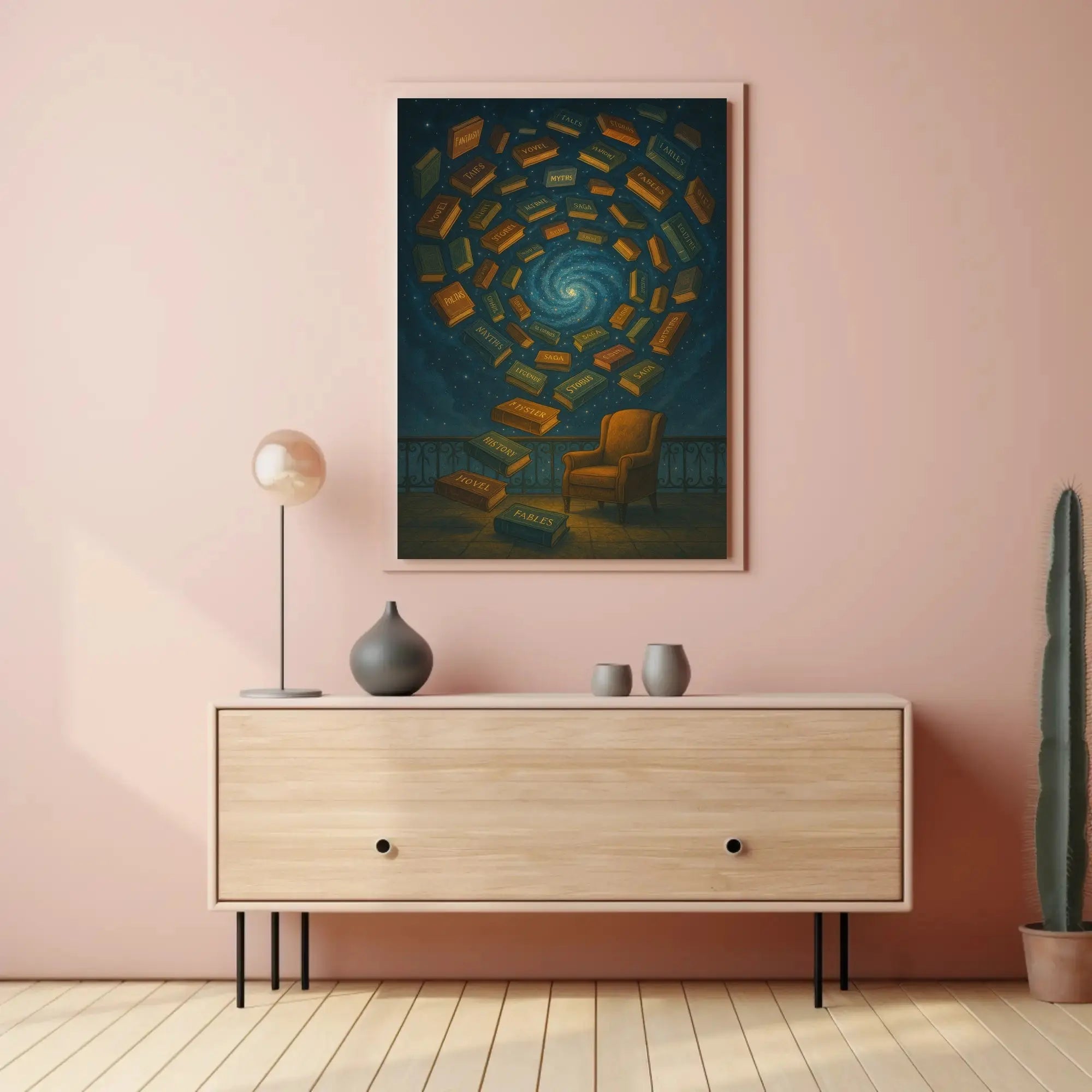 Surreal Galaxy of Books Artistic Poster PosterGoat
