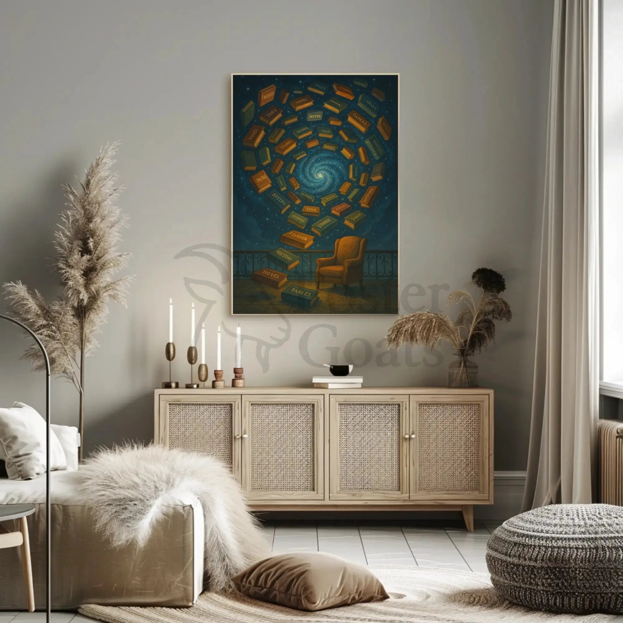 Surreal Galaxy of Books Artistic Poster PosterGoat