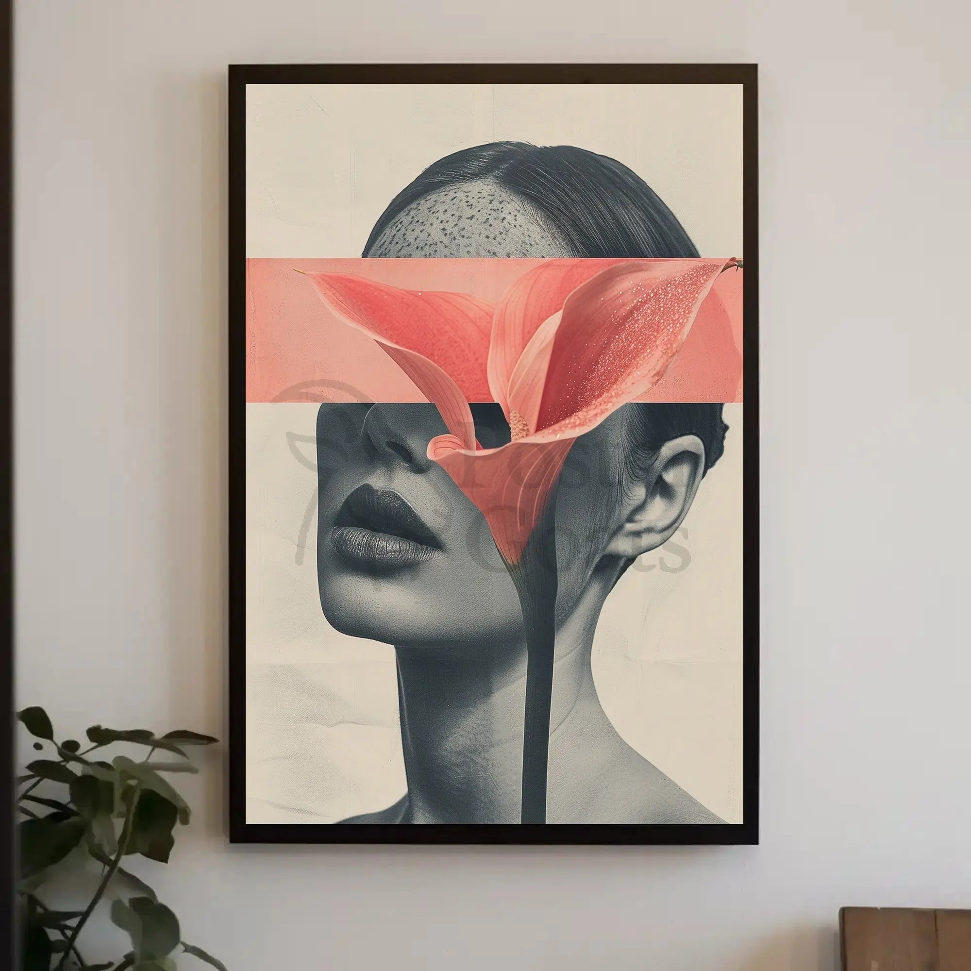 Surreal Grayscale Woman with Red Flower Art Poster PosterGoat