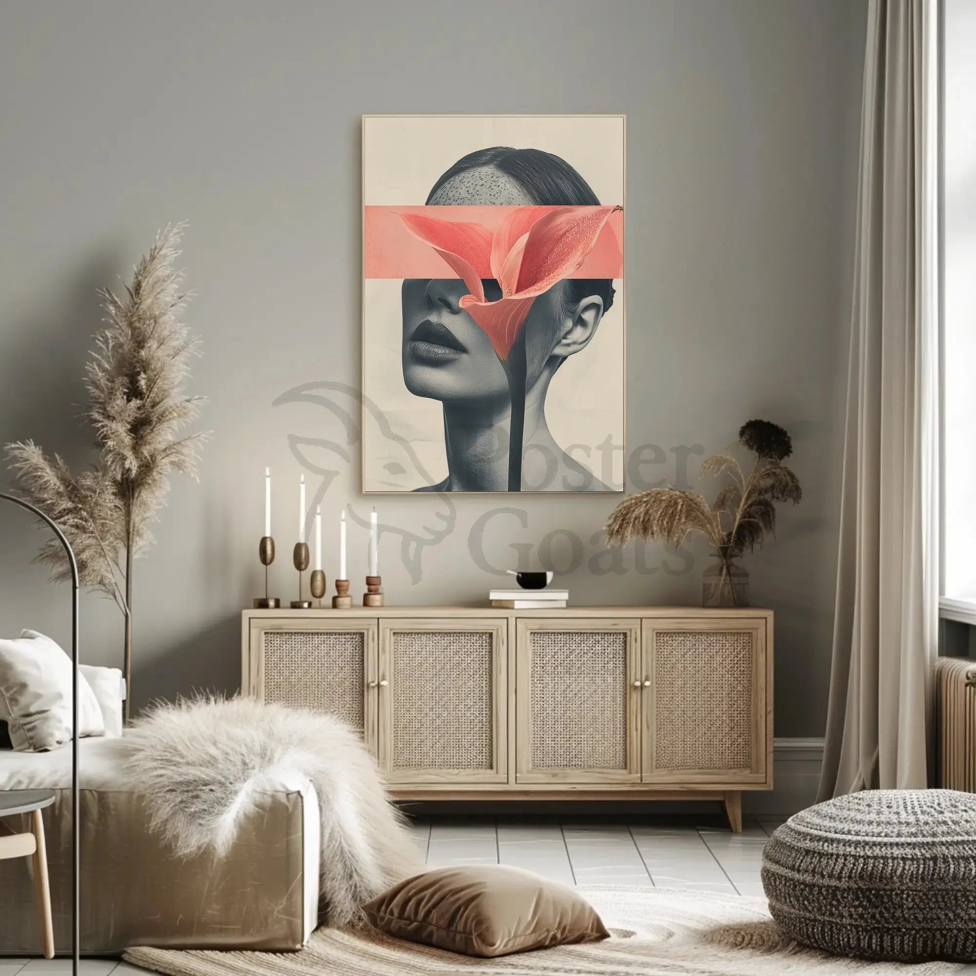 Surreal Grayscale Woman with Red Flower Art Poster PosterGoat