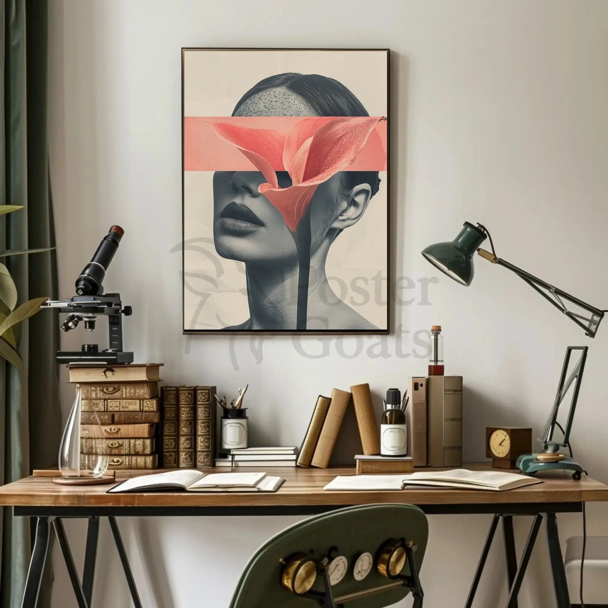 Surreal Grayscale Woman with Red Flower Art Poster PosterGoat