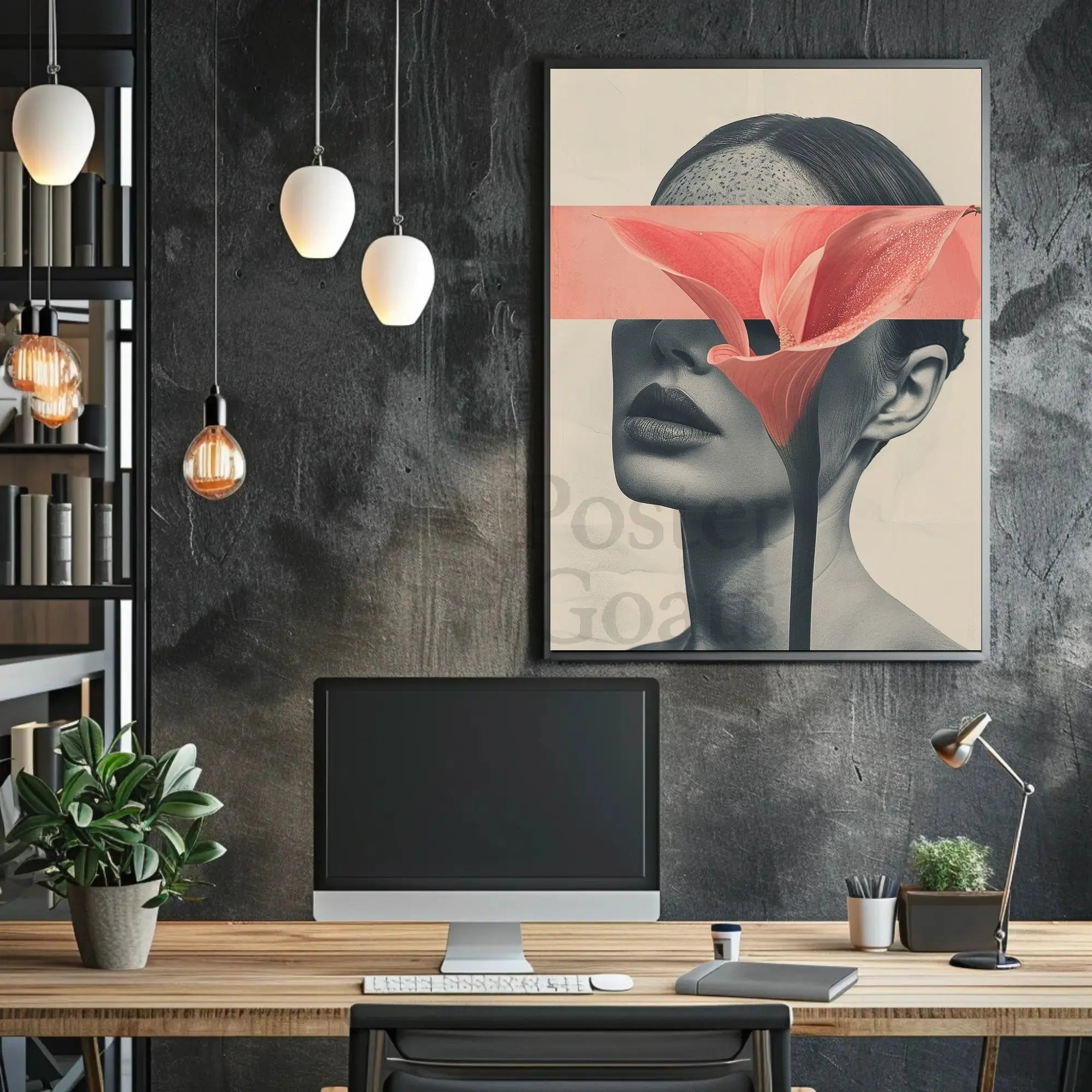 Surreal Grayscale Woman with Red Flower Art Poster PosterGoat