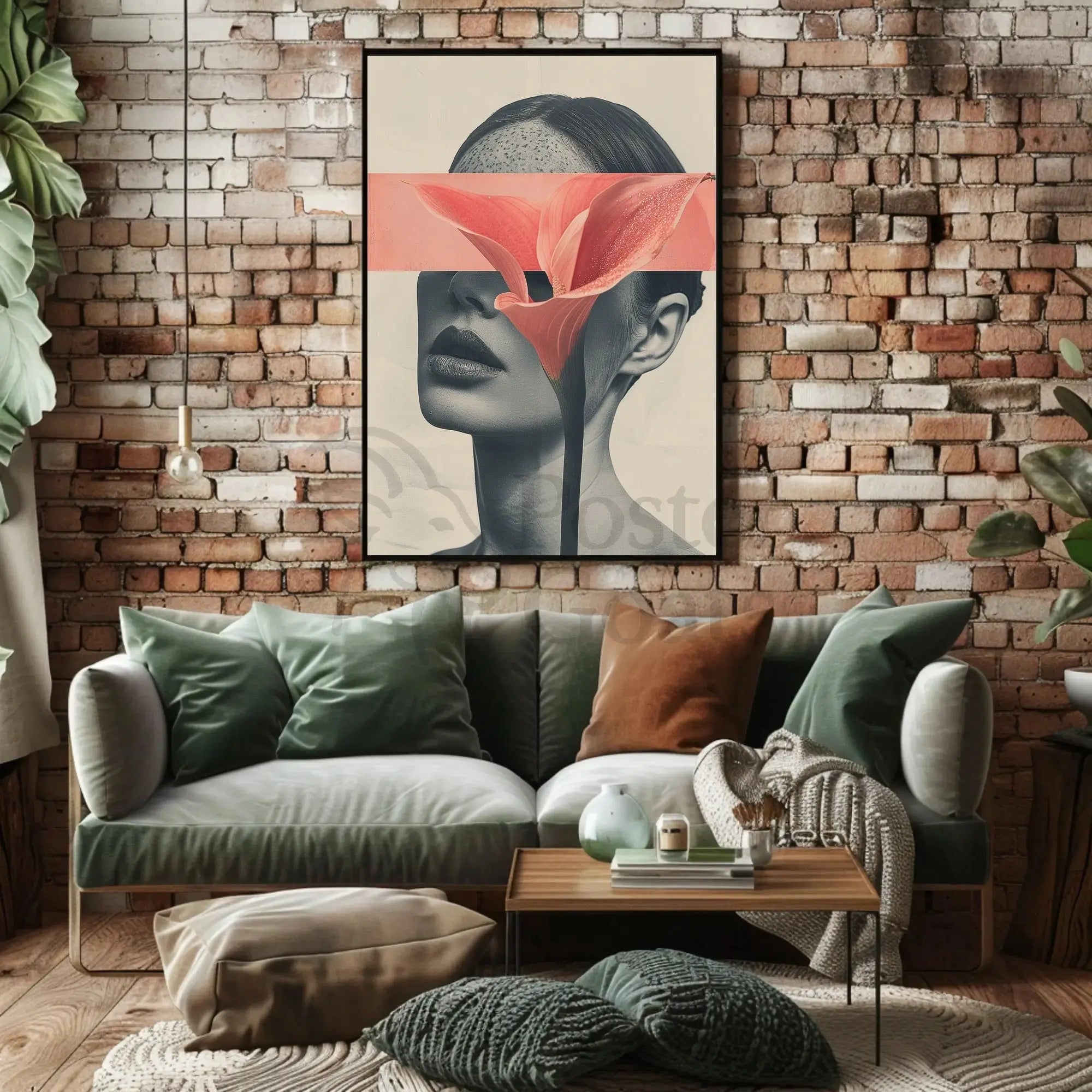 Surreal Grayscale Woman with Red Flower Art Poster PosterGoat