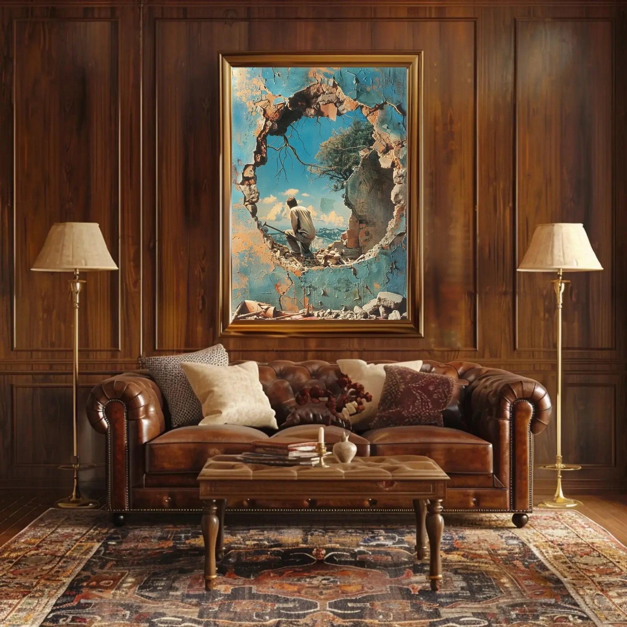 Surreal Mountain Landscape with Broken Wall Art Poster PosterGoat