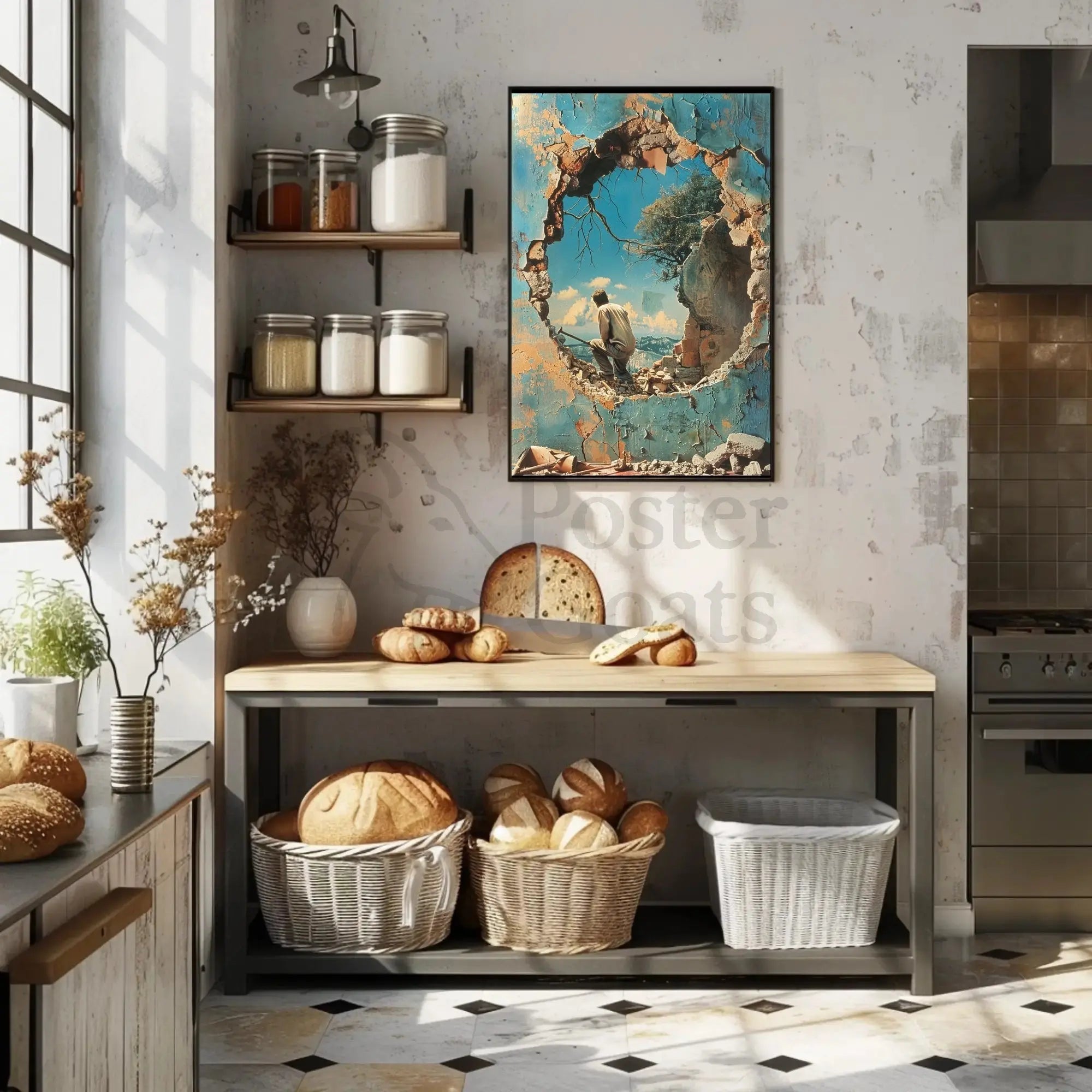 Surreal Mountain Landscape with Broken Wall Art Poster PosterGoat