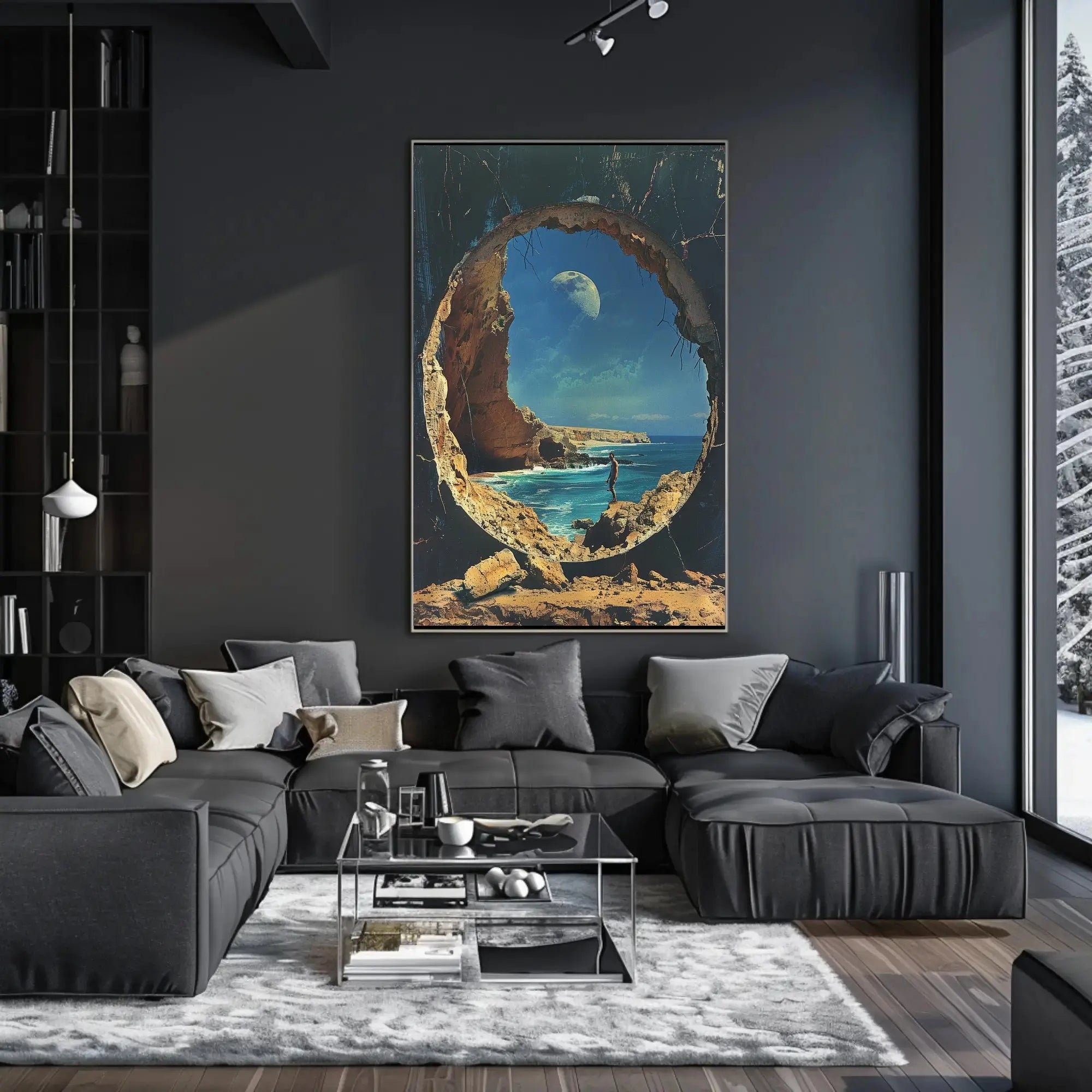 Surreal Ocean Landscape with Moon Futuristic Sci-Fi Poster PosterGoat