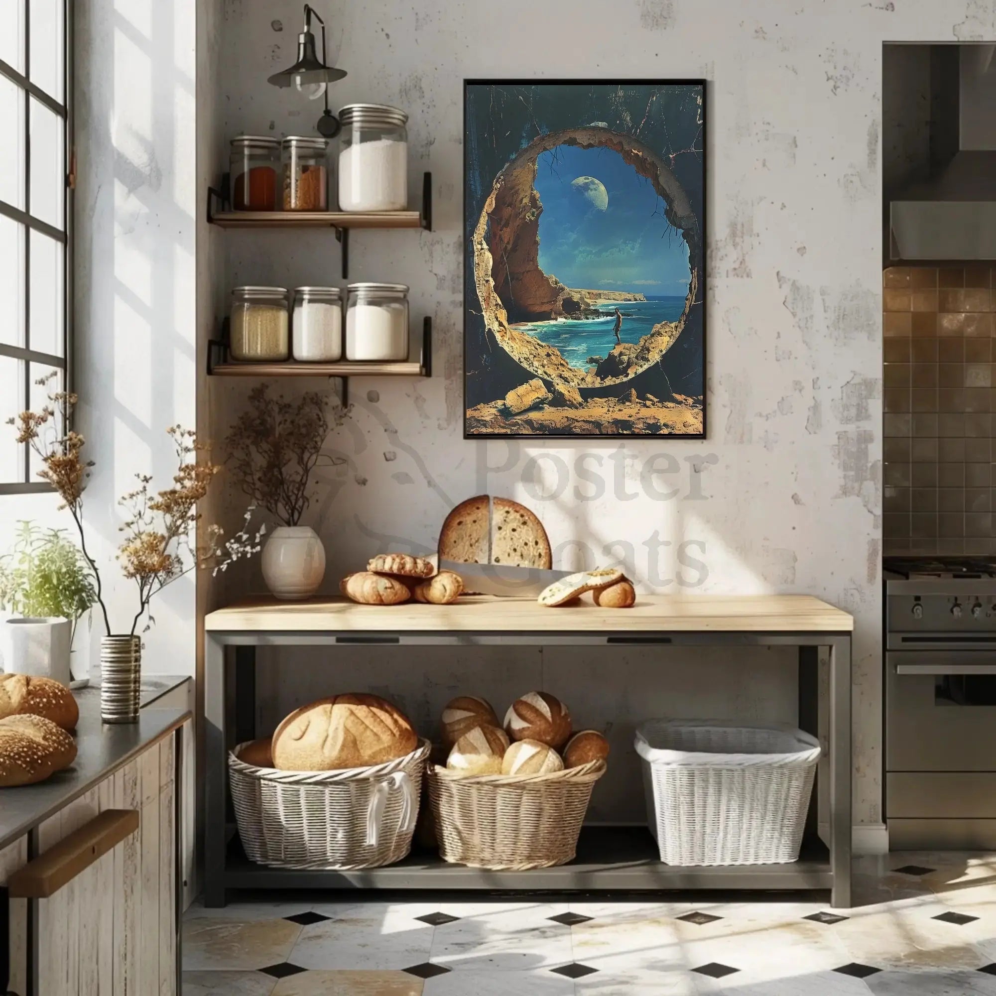 Surreal Ocean Landscape with Moon Futuristic Sci-Fi Poster PosterGoat